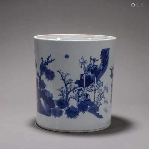 A blue and white figure porcelain brush pot