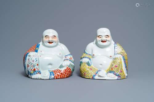 TWO CHINESE FAMILLE ROSE FIGURES OF BUDDHA, SEAL MARK AND WO...
