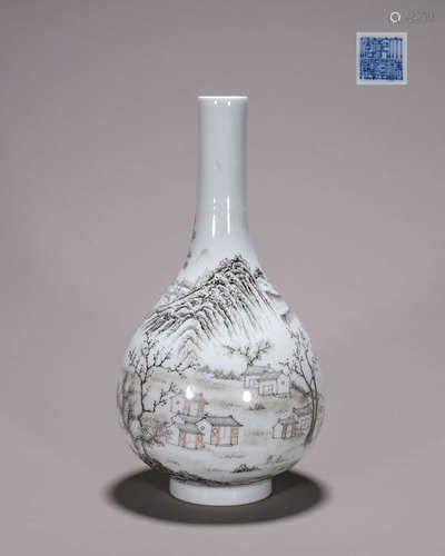 An ink colored landscape porcelain vase