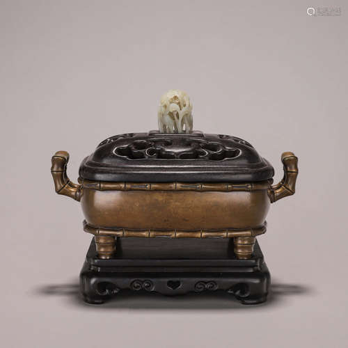 A Hetian jade-inlaid double-eared copper censer