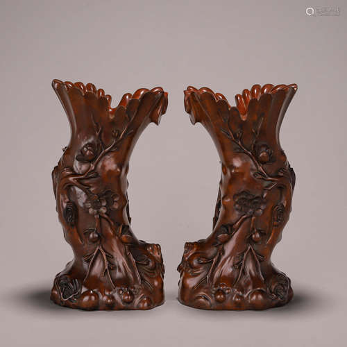 A pair of boxwood carved plum blossom brush pots