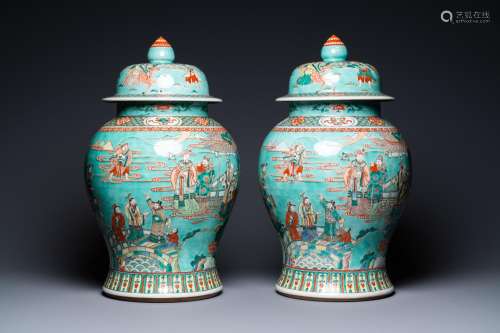 A PAIR OF LARGE CHINESE TURQUOISE-GROUND FAMILLE VERTE VASES...