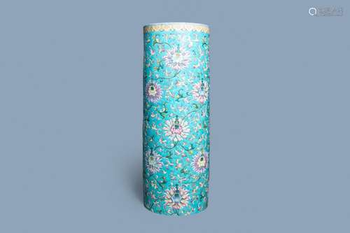 A LARGE CHINESE FAMILLE ROSE CYLINDRICAL VASE WITH APPLIED L...