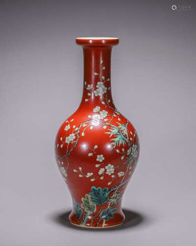 A red glazed famille rose flower porcelain vase