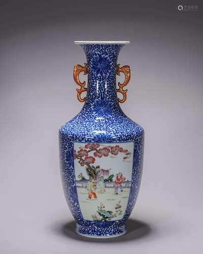 A blue and white flower and figure porcelain vase