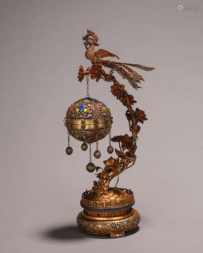 A gilding silver phoenix bird incense burner