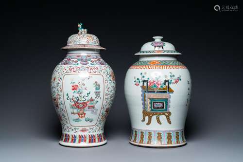 TWO CHINESE FAMILLE ROSE VASES AND COVERS, 19TH C.