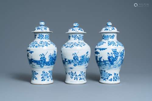 THREE CHINESE BLUE AND WHITE VASES AND COVERS, KANGXI MARK, ...