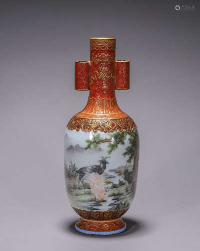 A famille rose goat porcelain double-eared vase