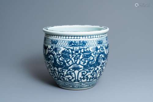 A CHINESE BLUE AND WHITE 'DRAGONS' FISH BOWL, 19TH...
