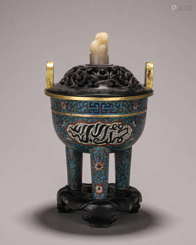 An inscribed three-legged gilding cloisonne censer