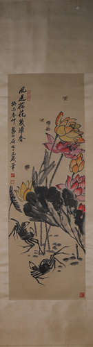 A Chinese lotus painting, Qi Baishi mark