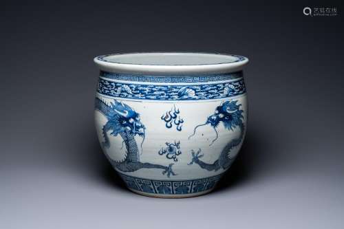 A CHINESE BLUE AND WHITE 'DRAGONS' FISH BOWL, QIAN...