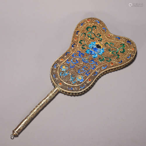 A gilding silver enamel filigree fan