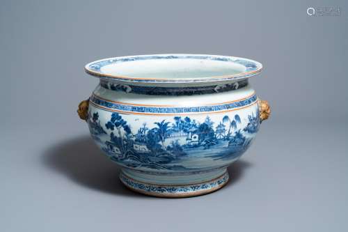 A LARGE CHINESE BLUE AND WHITE FISH BOWL WITH LANDSCAPE DESI...
