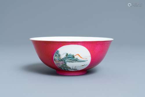 A CHINESE RUBY-GROUND BOWL WITH LANDSCAPE MEDALLIONS, 19/20T...