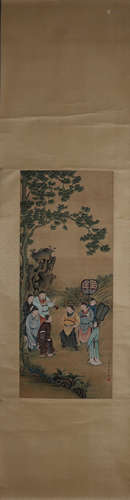 A Chinese figure silk scroll painting, Jiao Bingzhen mark