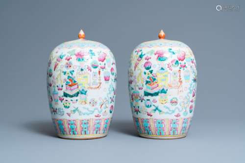 A PAIR OF CHINESE FAMILLE ROSE 'ANTIQUITIES' JARS ...