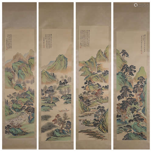 4 Chinese landscape scroll paintings, Feng Chaoran mark