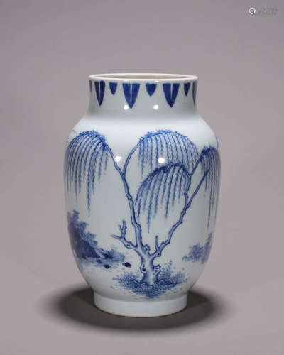 A blue and white landscape porcelain jar