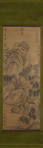 A Chinese landscape silk scroll painting, Huang Gongwang mar...