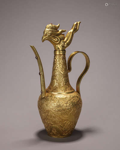 A gilding copper phoenix bird ewer