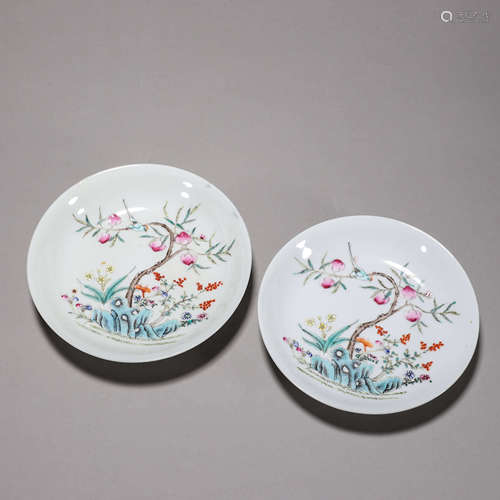 A pair of famille rose bird and flower porcelain plates