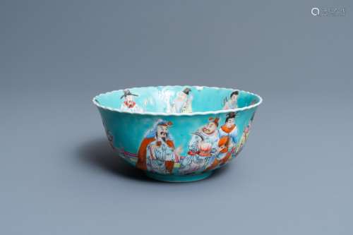 A CHINESE FAMILLE ROSE TURQUOISE-GROUND BOWL, QIANLONG MARK,...