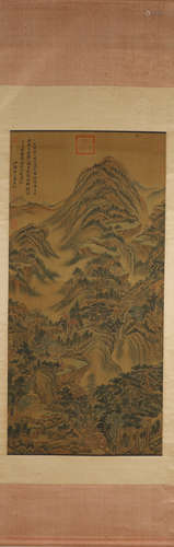 A Chinese landscape silk scroll painting, Tangyin mark