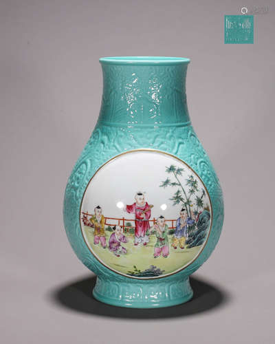 A celeste glazed famille rose figure porcelain zun