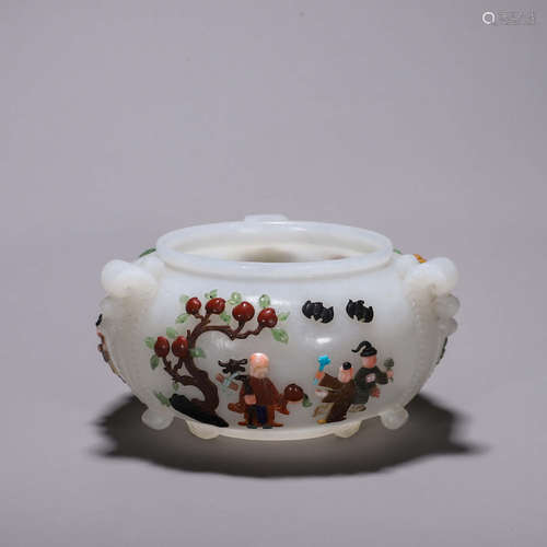 A Hetian jade gem-inlaid figure censer