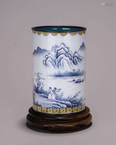 A landscape copper enamel brush pot