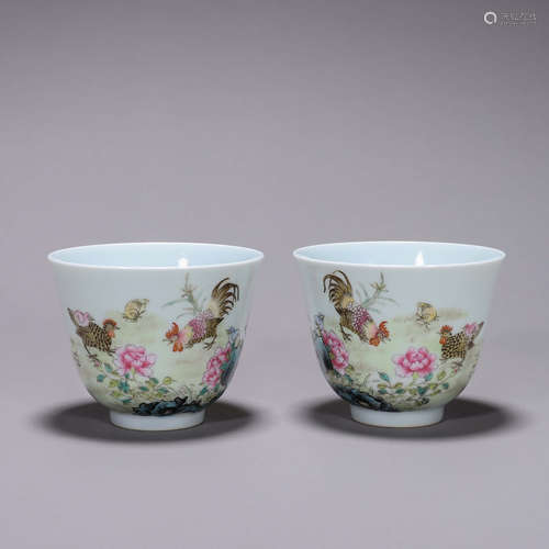 A pair of famille rose rooster porcelain cups