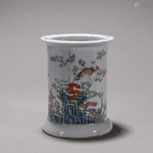 A famille rose bird and flower porcelain brush pot