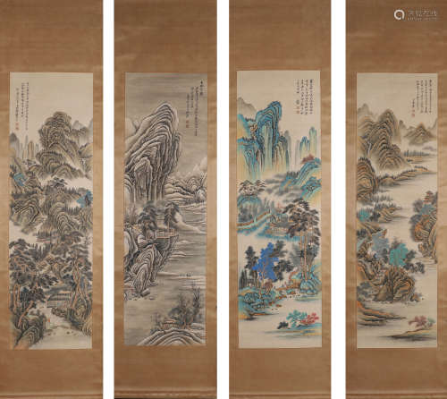 4 Chinese landscape scroll paintings, Zhang Daqian mark