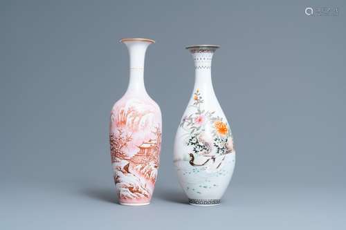 TWO CHINESE EGGSHELL PORCELAIN VASES, SEAL MARKS, 20TH C.