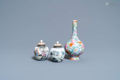 A PAIR OF CHINESE FAMILLE ROSE MINIATURE VASES AND COVERS AN...