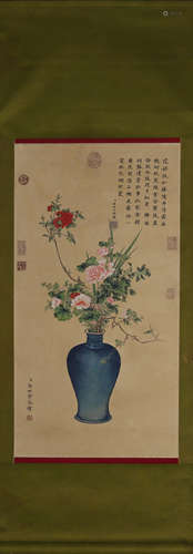 A Chinese silk scroll painting, Lang Shining mark