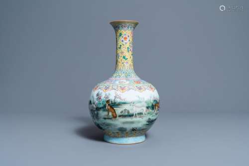 A CHINESE FAMILLE ROSE BOTTLE VASE WITH DOGS, QIANLONG MARK,...