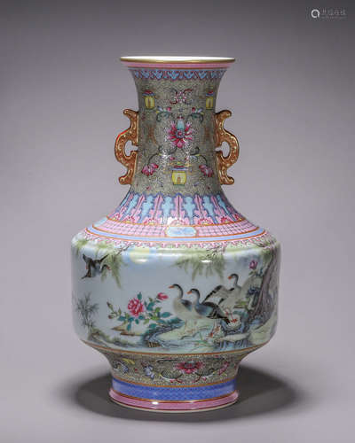 A famille rose bird and flower porcelain zun with dragon sha...