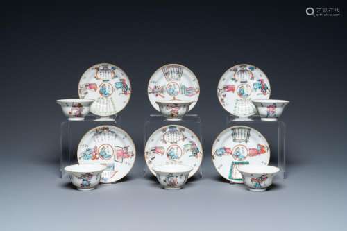SIX CHINESE FAMILLE ROSE 'WU SHUANG PU' CUPS AND S...