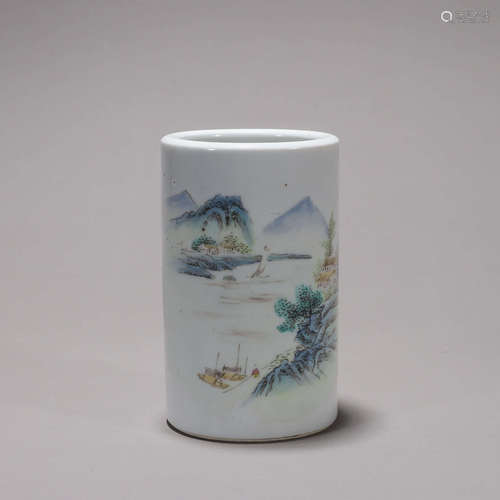 A landscape porcelain brush pot