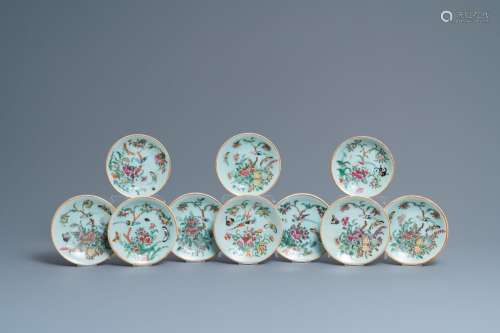 TEN CHINESE CANTON FAMILLE ROSE CELADON-GROUND PLATES, 19TH ...