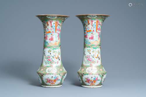 A PAIR OF CHINESE CANTON FAMILLE ROSE VASES, 19TH C.