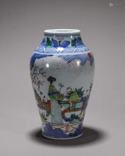 A blue and white multicolored figure porcelain jar