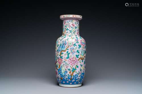 A CHINESE PINK-GROUND FAMILLE ROSE ROULEAU VASE, 19TH C.