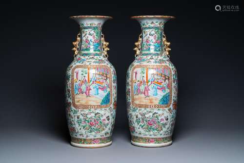 A PAIR OF CHINESE CANTON FAMILLE ROSE VASES, 19TH C.