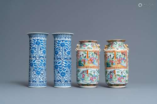 A PAIR OF CHINESE BLUE AND WHITE AND A PAIR OF CANTON FAMILL...