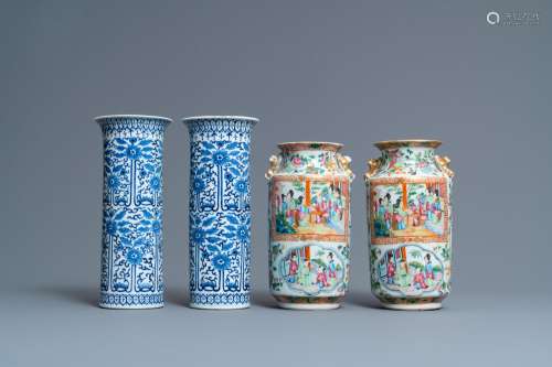 A PAIR OF CHINESE BLUE AND WHITE AND A PAIR OF CANTON FAMILL...