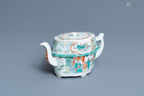 AN UNUSUAL CHINESE CANTON FAMILLE VERTE TEAPOT AND COVER, 19...